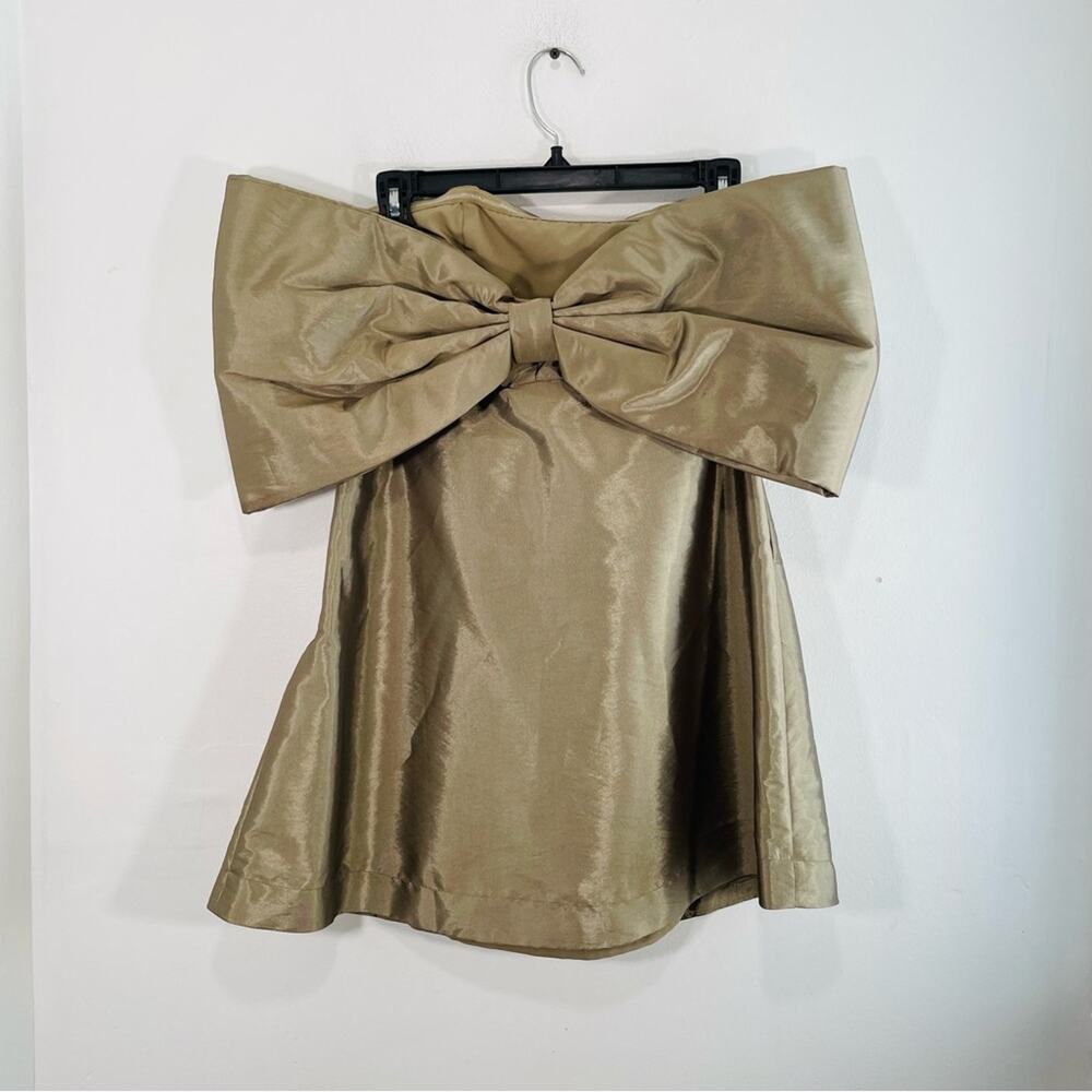 NWT Miou Muse Bronze Green Satin Bow Back Strapless Mini Dress Medium